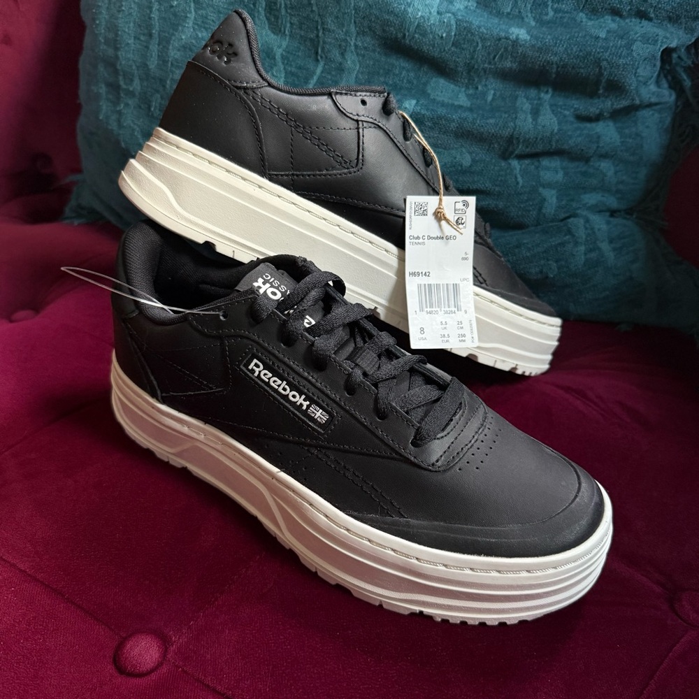 Reebok - Club C Double Geo Platform Sneaker - Black/White - Women’s 8 - Picture 2 of 9